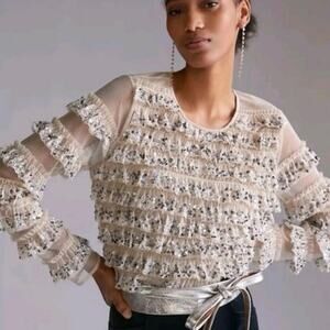 Anthropologie NWT Let Me Be Sparkle Sequin Tulle Ruffle Glitter Bedazzled Top